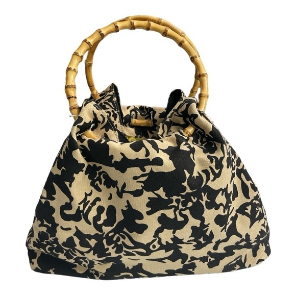Vintage Black & Tan Tropical Print Purse with Bamboo Handles Hand Bag - Picture 6 of 9